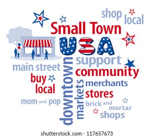 Small Town Business, USA word cloud,  main street store, customers in patriotic red, white and blue, stars and stripes. To support shopping at local neighborhood community businesses. 