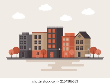 A small town by the lake in autumn. Urban landscape in minimal geometric flat design. Vector Illustration of the cityscape with copy space for text. 