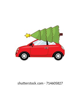 Small town car with a Christmas tree. Cartoon style. Vector illustration.