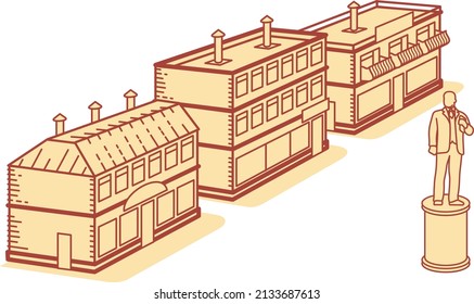 Small town, central square, city center, brick houses, monument. Vector illustration in flat and line style isolated on white background. For posters, cards and banners.