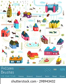 Small Town or City Houses Buildings Landscape Big Collection of Elements for Design. Colorful hand drawn sketchy pencil feel illustration. Countryside landscape constructor. Brushes groups included.