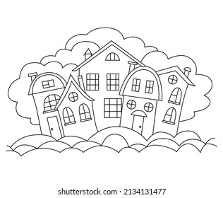 Small town coloring book. Cute Contour Houses vector Coloring page for adults and children