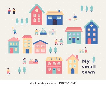 A small town concept illustration with cute pastel tones. flat design style minimal vector illustration