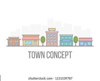 Small town concept. Linear color cityscape. Street with hotel, garage, boutique and cafe. City in flat style isolated on white background. Vector illustration.