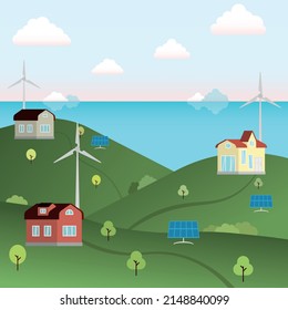 A small town in an ecologically clean place standing on the hills. Image of clean energy sources for the electricity supply of the village. Vector illustration on the background of the sea and clouds.