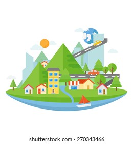 The small town flat design, landscape flat design, House and building flat design