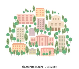 small town with green trees on white background