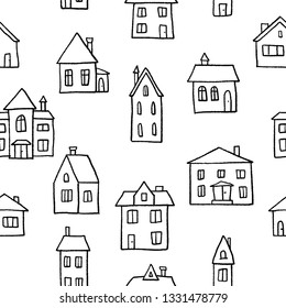 Small town homes vector illustration - seamless doodle pattern.