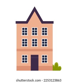 Small town house. Vector illustration of cute building exterior. Cartoon home with windows and doors, chimneys on roofs isolated on white. Neighborhood, town, urban concept