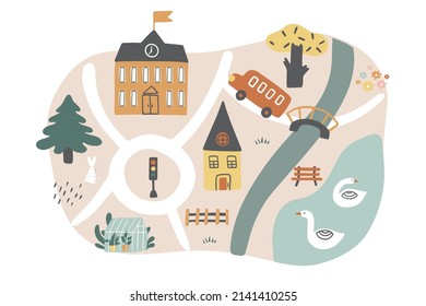 A small town with houses, cars, animals, and trees. Can be used for kid's room, t-shirt prints, cards, and games. Vector illustration.