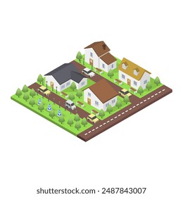 Pequeña ciudad con casas isométricas ilustradas en Vector