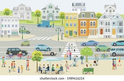 Small town with houses and traffic, pedestrians in the suburb - illustration