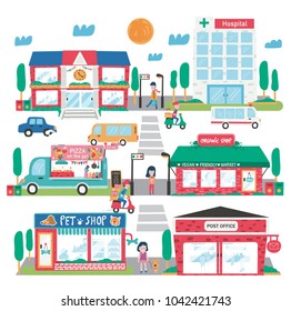 Small town landscape, consisting of pet shop, post office, organic supermarket, pizza truck, school , hospital, plus traffic, and walking people , all in flat doodle style design, illustration, vector