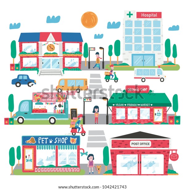 Small town landscape, consisting of pet shop, post\
office, organic supermarket, pizza truck, school , hospital, plus\
traffic, and walking people , all in flat doodle style design,\
illustration, vector