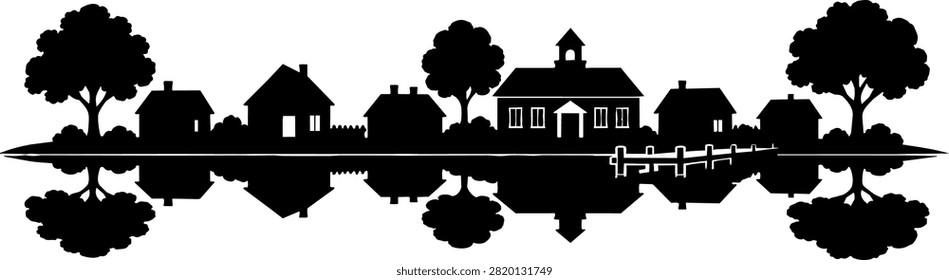 Small town landscape vector illustration of residential houses school and nature trees reflected in water for rural living background.