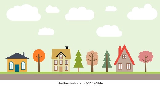 Small town life - cute village vector illustration. Residential suburb.