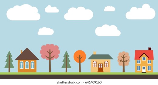 Small town life - cute village vector illustration. Residential suburb.