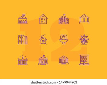 Small town line icon set. School, apartment building, house. Architecture concept. Vector illustration can be used for topics like building, town, construction