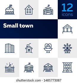 Small town line icon set. School, apartment building, house. Architecture concept. Vector illustration can be used for topics like building, town, construction