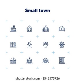 Small town line icon set. School, apartment building, house. Architecture concept. Vector illustration can be used for topics like building, town, construction