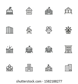 Small Town Line Icon Set. School, Apartment Building, House. Architecture Concept. Vector Illustration Can Be Used For Topics Like Building, Town, Construction