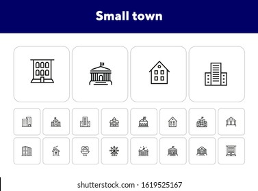 Small Town Line Icon Set. School, Apartment Building, House. Architecture Concept. Vector Illustration Can Be Used For Topics Like Building, Town, Construction