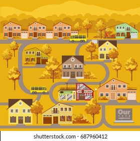 Small town location. Autumn landscape. Seamless vector pattern