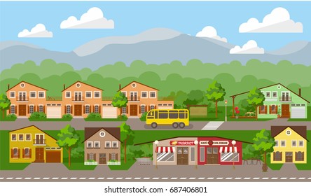 small town location. Summer landscape, vector illustration for children's book, or web site, or other presentation products