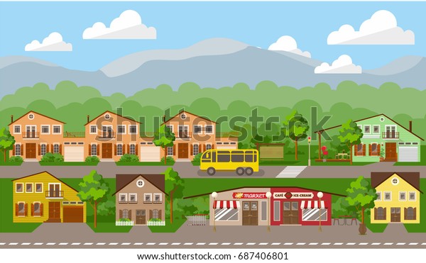 Small Town Location Summer Landscape Vector Stock Vector Royalty Free