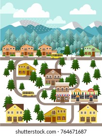 Small town location. Winter district landscape, vector illustration for children's book, or web site, or other presentation products