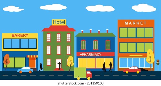 Small town with medium business. Bakery, salon, market and pharmacies. Street with people watching. For brochures, backgrounds, printed products. Icon. Vector.
