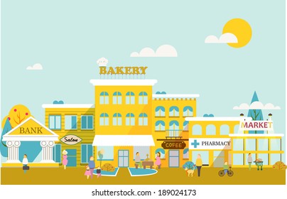 Small Town With Small And Medium Business. Bank Building, Bakery, Salon, Market, Coffee Shops And Pharmacies. Street With People Watching. Vector. For Brochures, Backgrounds, Printed Products.