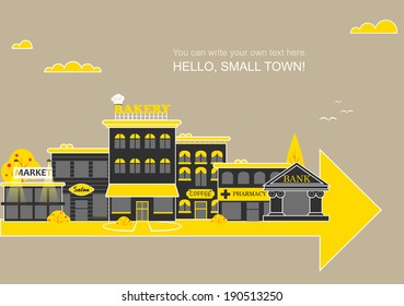 Small Town With Small And Medium Business. Bank Building, Bakery, Salon, Market, Coffee Shops And Pharmacies. Street With People Watching. Vector. For Brochures, Backgrounds, Printed Products.