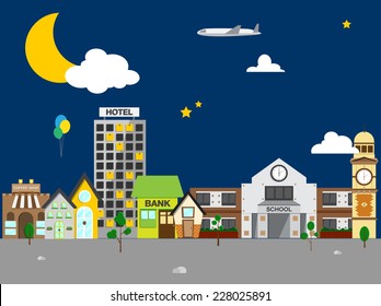 Small Town With Small And Medium Business. Bank Building, Coffee Shop. At Night