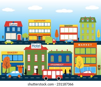 Small Town With Medium Business. Set Of Buildings. Bakery, Salon, Market And Pharmacies. Street With People Watching. Vector. For Brochures, Backgrounds, Printed Products.