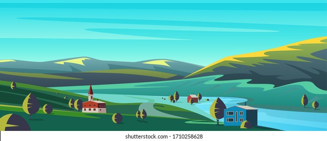 Small town in mountains flat cartoon panoramic landscape vector illustration background. Calm picturesque panorama in valley between green hills, apartly standing houses, trees, under aquamarine sky