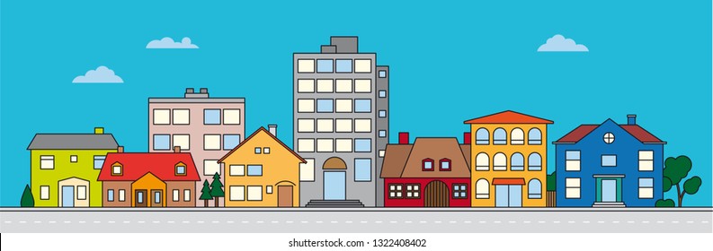 Small town neighborhood colorful vector illustration