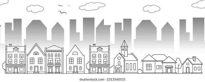 Small town neighborhood line art vector illustration. Small town outline design.