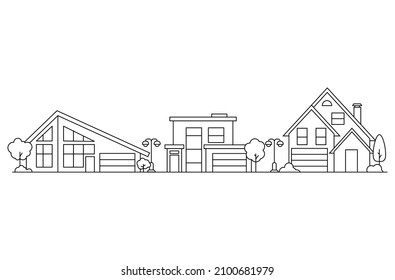 Small Town Neighborhood. Outline Vector Illustration.Residential Houses.Suburban Village.Cottage Buildings Facade And Street Lamps. Isolated On White Background.