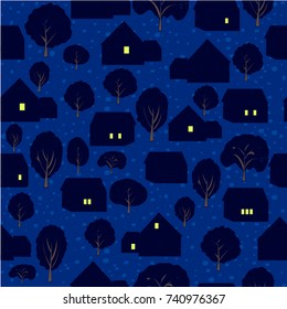 small town at night, village, small houses with glowing windows surrounded by trees. Freehand drawing vector  seamless pattern.
