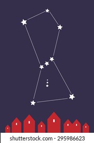 Small town on the night sky background with constellation Orion
