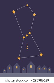 Small town on the night sky background with constellation Orion