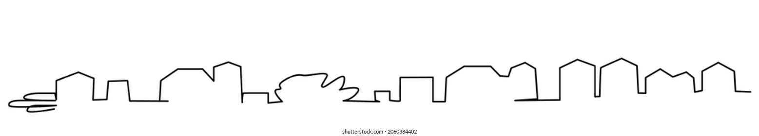Small town in one line on a white background. Countryside and private buildings. Black line on isolate. Stock vector illustration. Long panorama for a banner, website, border.