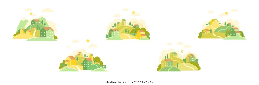Small Town Scenes with House on Hills with Tree Vector Set