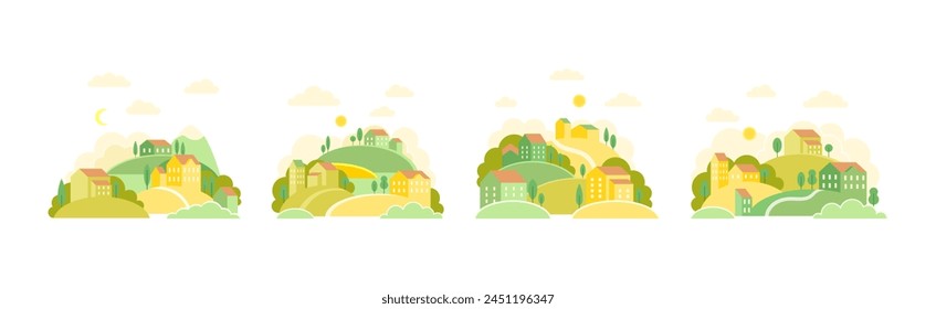 Small Town Scenes with House on Hills with Tree Vector Set