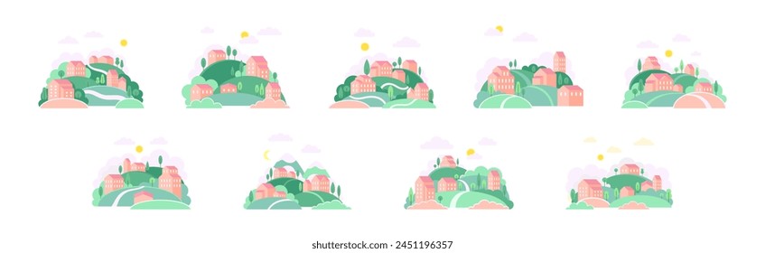Small Town Scenes with House on Hills with Tree Vector Set