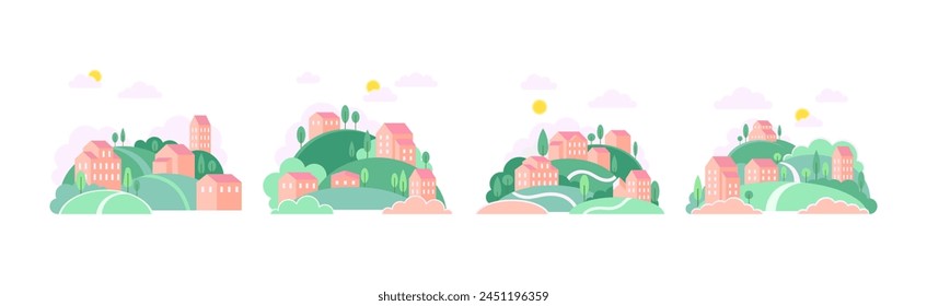 Small Town Scenes with House on Hills with Tree Vector Set