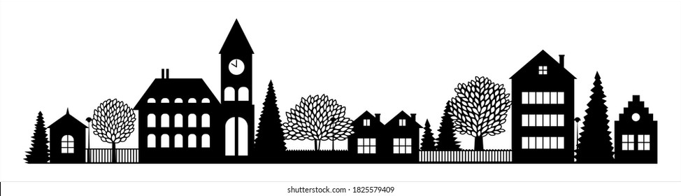 Small Town silhouette cutout skyline with chapel houses trees black and white