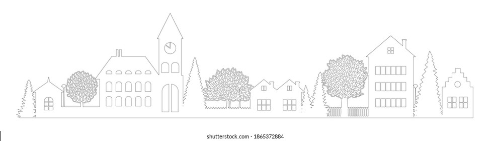 Small Town silhouette cutout skyline with chapel houses trees black contour isolated. Flat vector cartoon illustration of urban landscape office buildings and family houses in small town village. line