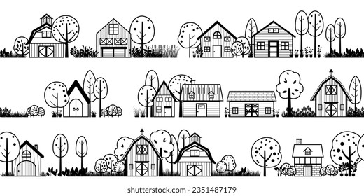 small town silhouette cutout skyline with houses, barn and trees black. buildings with roofs, chimneys and windows. seamless border